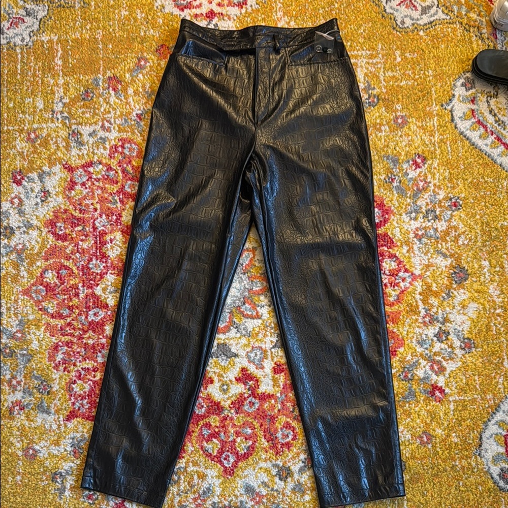 Black Crocodile Leather Straight Leg Pants
